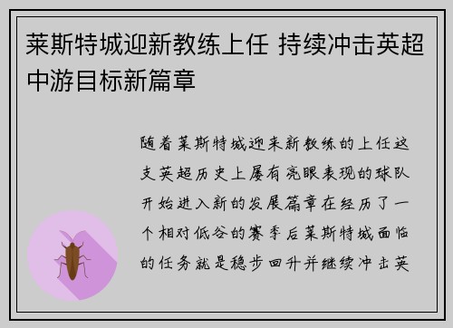 莱斯特城迎新教练上任 持续冲击英超中游目标新篇章